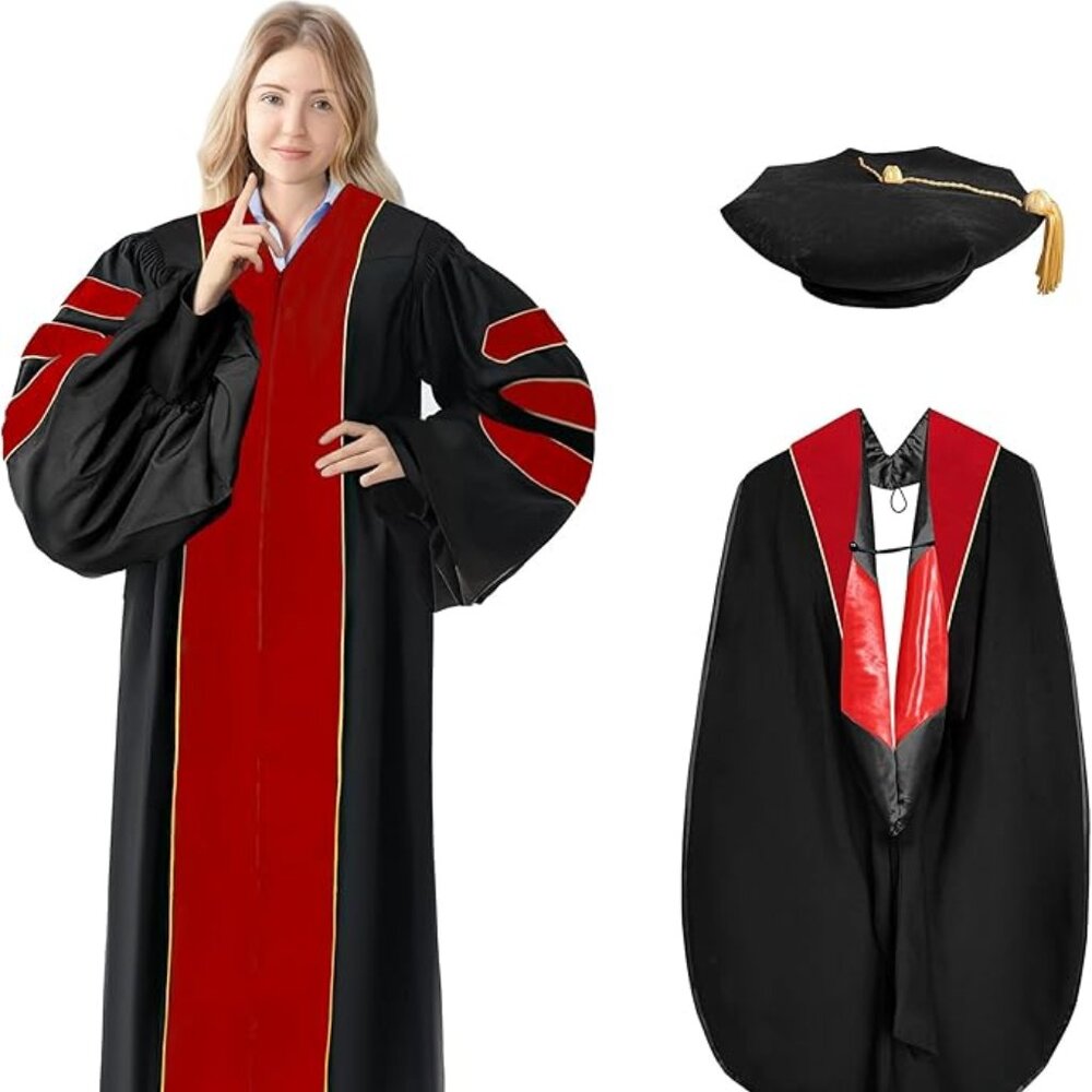 Happy Secret Doctoral Graduation Gown Set with 8-Sided Tam & Hood, size 51